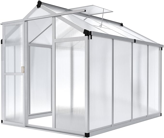 Garvee 6x8 FT Greenhouse - Aluminum Greenhouses for Outdoors, Large Polycarbonate Greenhouse with Roof Vent, Heavy Duty Walk-in Green Houses for Outside Garden, Backyard, Patio, Lawn, Easy Assembly