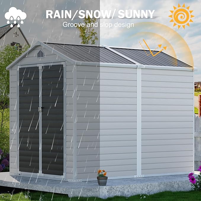 CDCASA 8x6 FT Resin Storage Shed, Large Waterproof Outdoor Sheds with Floor & Lockable Door & Vents, Plastic Tool Shed for Backyard, Patio, Poolside, Cabinet, Dove Grey