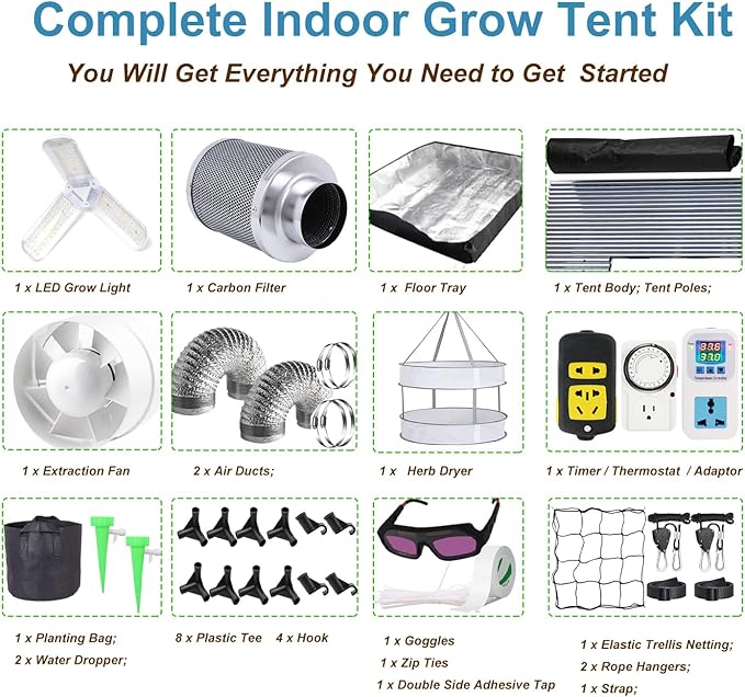 Grow Tent Kit Complete System High Reflective Mylar Indoor Grow Tent Hydroponics Growing Tent with Full Spectrum LED Grow Light Observation Window, Ventilation Fan,Carbon Filter (24" x 24" x 55")