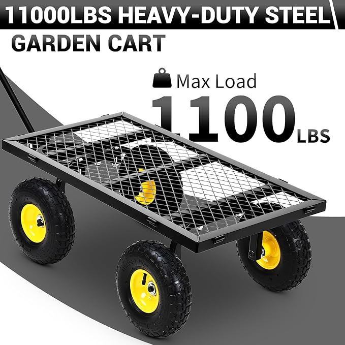 Heavy Duty Steel Garden Cart, 1100 LBS 3 in 1 Pullable Metal Garden Wagon with 10" Wheels, 180° Rotating Handle and Removable Sides for Farm, Yard