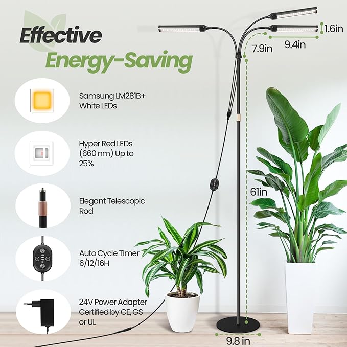 Large Plant Lights for Indoor Growing 24V, 660nm-Enhanced Full Spectrum, LM281B+ LED Grow Light, Plant Light with Timer & Dimming, Adjustable Height 24–70in, 9.8in Base, 28W, 560μmol/s/m²@6in