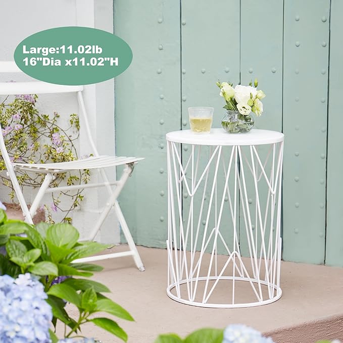 HFHOME Set of 3 Metal Side End Tables Nightstand, Nesting Round Coffee Table for Indoor Outdoor, Heavy Duty Metal Plant Stand Living Room Garden Stool - White