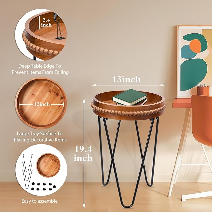 VCUTEKA Outdoor Side Table Round Small Accent Table Wood Patio Side Table End Table with 3 Metal Legs Plant Stand Indoor Coffee Tables