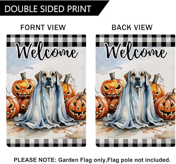 Ghost Dog Garden Flag with Jack O'Lantern Pumpkins Design Double Sided Farmhouse Welcome Decorative Small Burlap Flags 12.5 x 18 Inch for Outdoor Halloween Decor (Black)