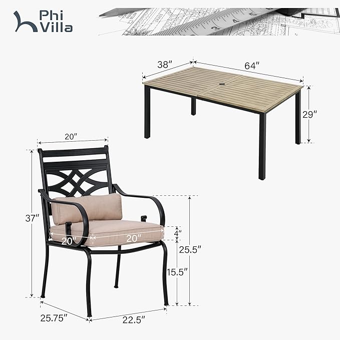 PHI VILLA 7 Pcs Patio Dining Set,Outdoor Table Chair Set for 6 with Outdoor Chairs and Metal Frame Steel Rectangular Table,Outdoor Dining Furniture with Cushion and Pillow for Garden Lawn Deck