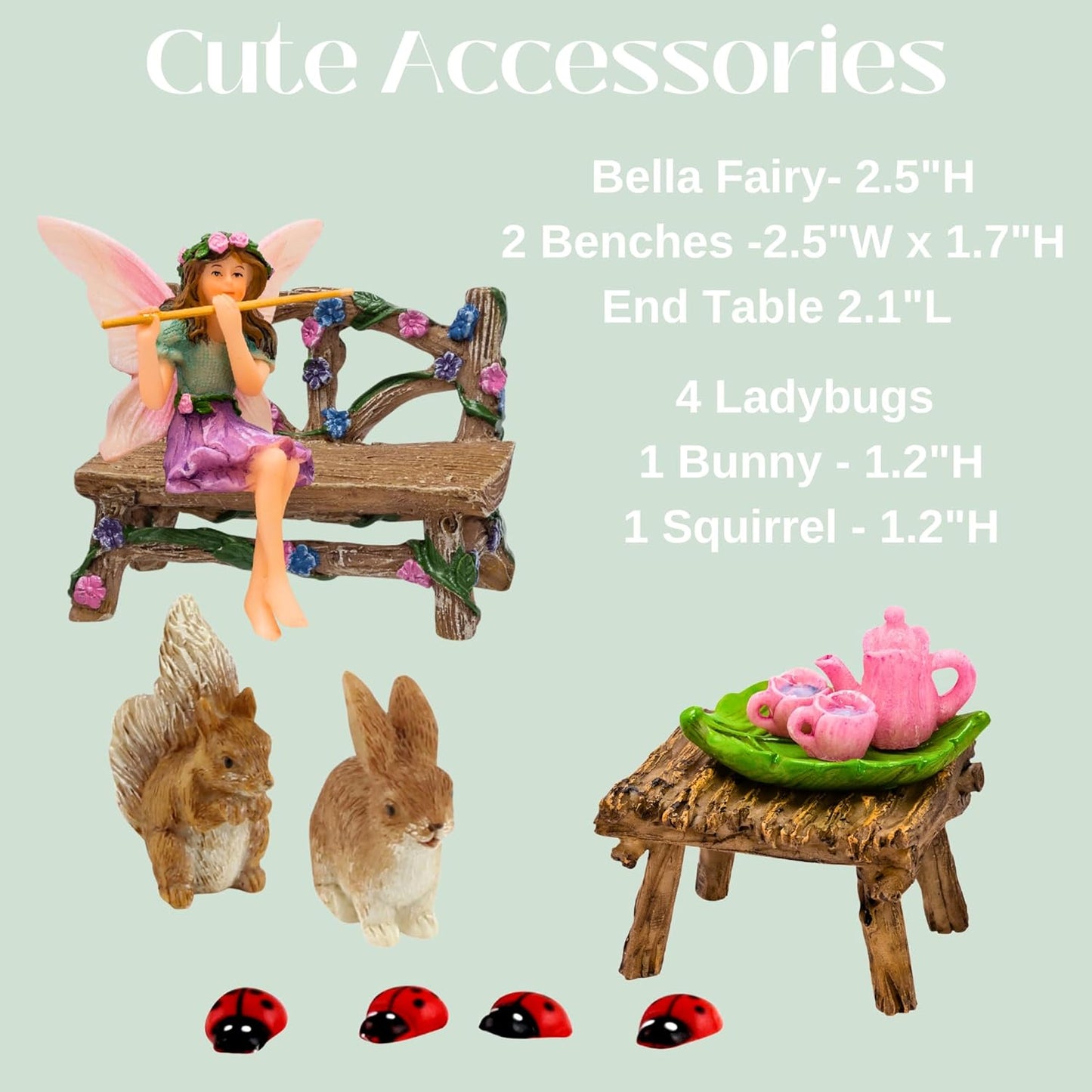 PRETMANNS Fairy Starter Kit with Accessories for Indoor Outdoor Miniature Garden – Adorable Figurine with Furniture, Squirrel, Bunny & Tea Set – 14 Piece Hand-Painted Resin Set