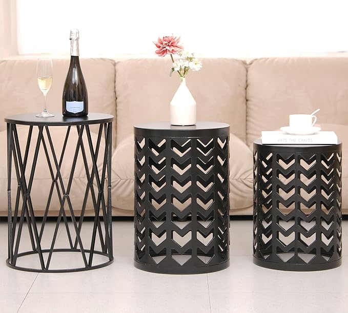 Set of 3 Modern Metal Side End Tables, Round Nesting Coffee Table Indoor, Nightstand Plant Stand for Living Room, Bedroom, Office, Garden Stool - Pure Black (Ship from US)