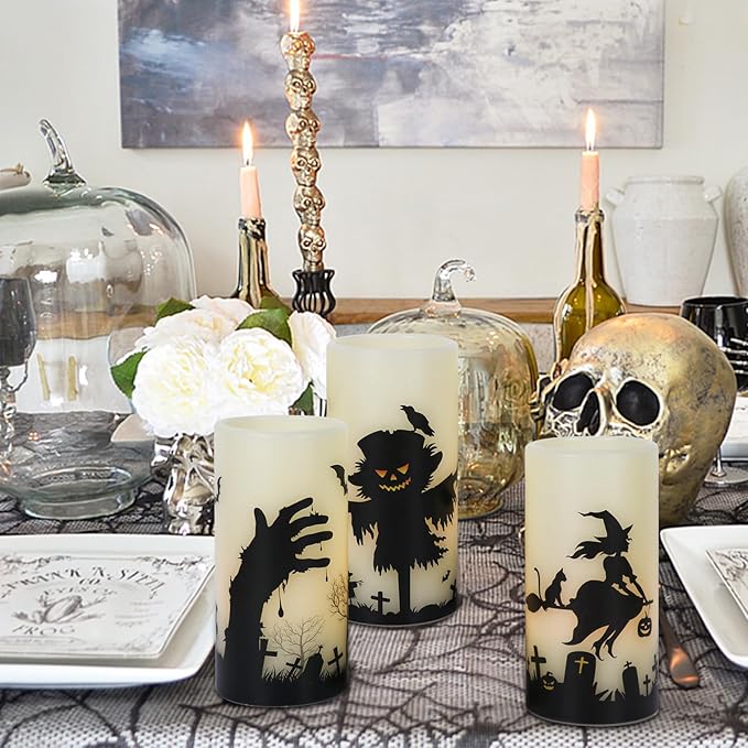 DRomance Halloween LED Flameless Pillar Candles Battery Operated Remote and Timer Real Wax Yellow Light Flickering Scarecrow Witch Ghost Hand Decals Halloween Candles Decoration Gifts(3 x 6 Inches)