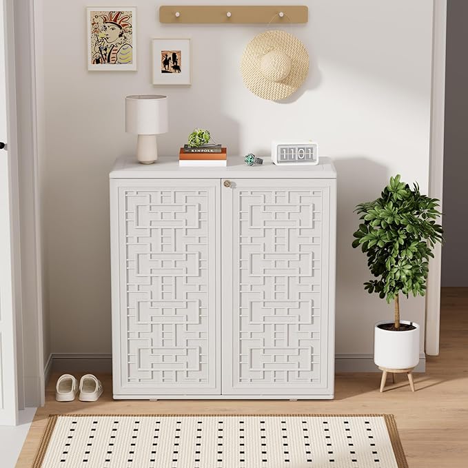 ZZM HDPE Outdoor Storage Shed, Outdoor Plastic Storage Cabinet, Horizontal Resin Tool Shed for Garden, All Weather Outdoor Storage Clearance, DIY Usage, with one Shelf (White)