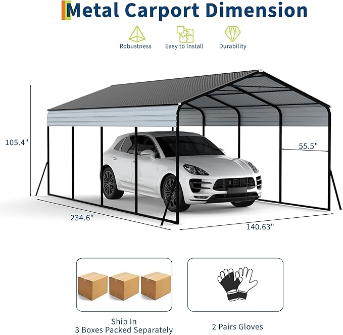 12x20 FT Heavy Duty Metal Carport with Galvanized Steel Frame & Roof, All-Weather Portable Car Garage Shelter, Metal Carports Garage for Cars, Trucks, Boats, Wind & Snow Resistant, Reinforced Base