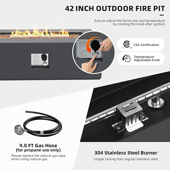 UPHA 42-inch Outdoor Propane Gas Fire Pit Table 50000 BTU Iron Rectangle Firepit for Outside Patio with Tank Hidden Table, Removable Lid, Gold Glass Rocks, Rain Cover, Dark Grey