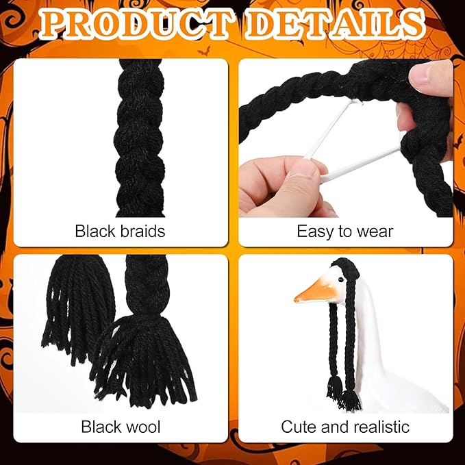 Teemico Halloween Porch Goose Outfits Lawn Goose Clothes Fits 23" Cement Plastic Goose Statue Black Dress Fake Hand Braid Wig for Halloween Outdoor Garden Yard Patio Decor