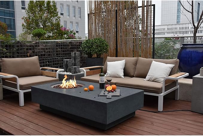 Elementi | Metropolis Gas Fire Pit Cast Concrete 56" Rectangular Fire Table, Outdoor Fire Pit Electronic Ignition | Canvas Cover, Lava Rock Included | Dark Gray (Natural Gas)