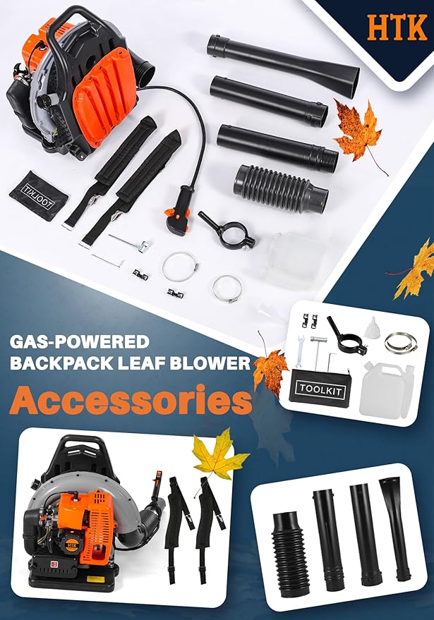 HTK Backpack Blower, 63CC Gas Powered Leaf Blower with 665 CFM & 205 MPH for Commercial Lawn Care, Yard Debris & Snow Removal