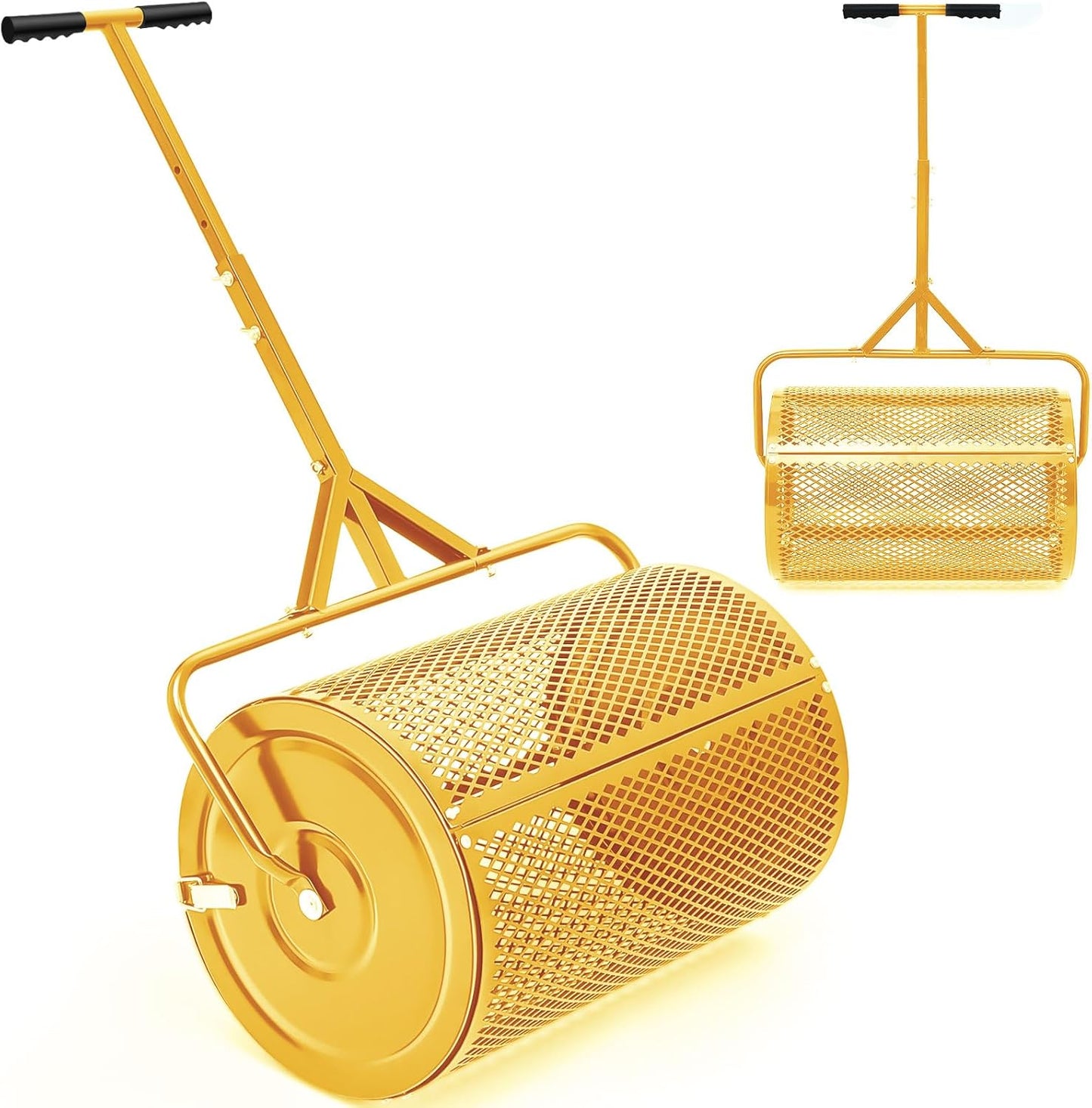 Hiboom 24 Inch Compost Spreader, Peat Moss Spreader, Manure Roller with Adjustable T Shaped Handle, Lightweight Metal Mesh for Lawn Garden Spreading Manure Topsoil (Gold)