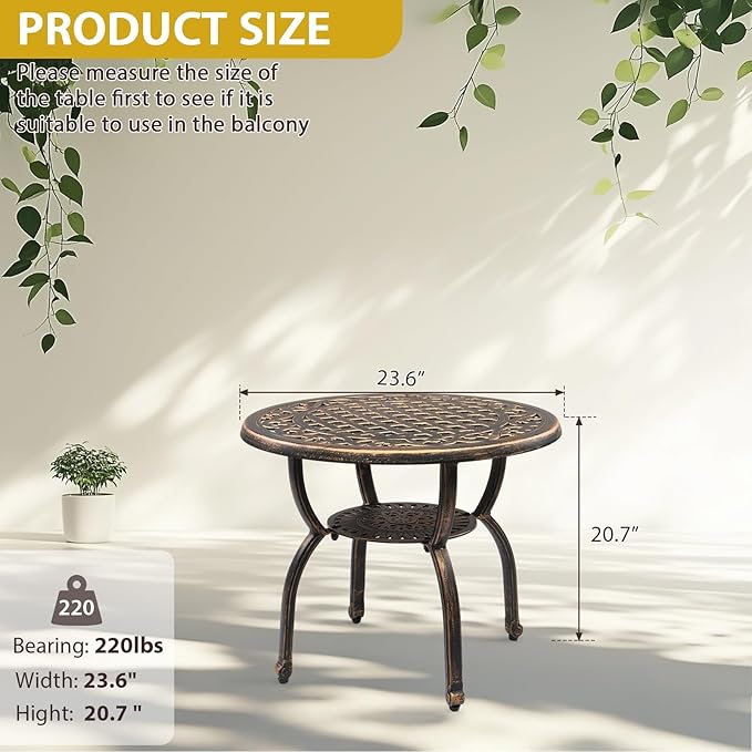 Outvita Patio Side Table, 23.6in Outdoor Round Cast Aluminum Bistro Table and Antique Design for Backyard Porch Pool Balcony Deck Bronze