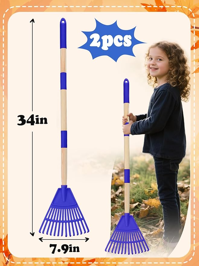 Acostop 2 Pcs Kids Rakes with Wood Handle - 34" Lightweight Plastic Garden Rake for Leaves, Safe to Use Kid Yard Tools for Boys Girls Fall Gardening Gifts (Blue)