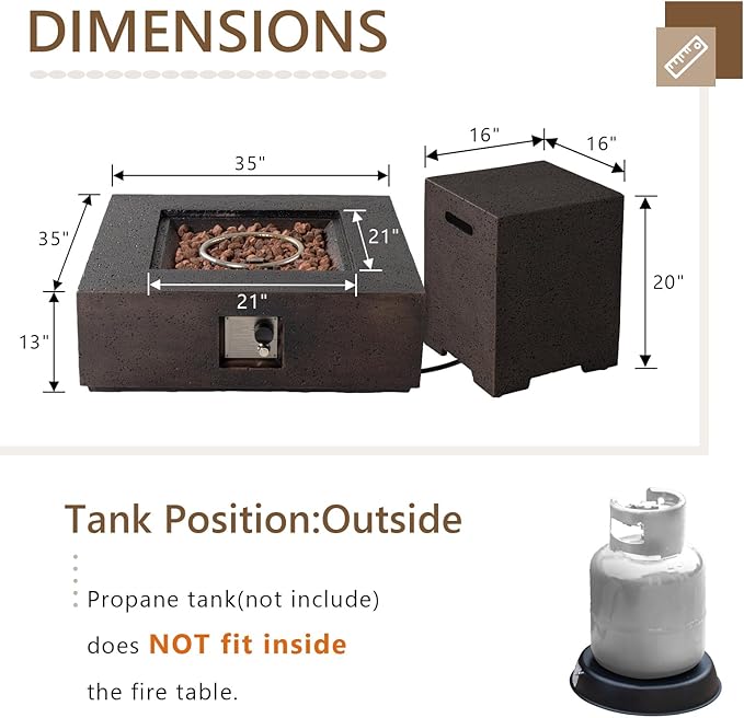COSIEST Outdoor Propane Fire Pit Coffee Table w Square Faux Stone 35-inch Base, CSA Certified, 50,000 BTU Stainless Steel Burner, Free Lava Rocks and Rain Cover,Tank Cover, Stone Bronze