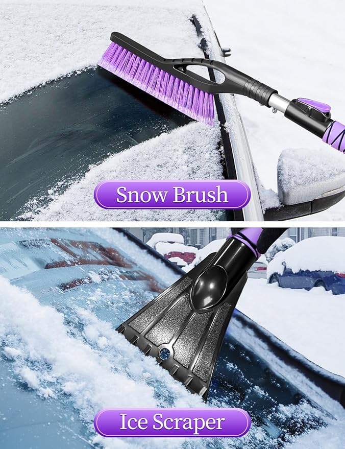 HEEYA Ice Scraper and Brush for Car, Extendable Snow Brush and Ice Scraper for Car Windshield Window, Car Snow Scraper and Brush with Foam Grip for SUV Truck Automobile Vehicle - Purple