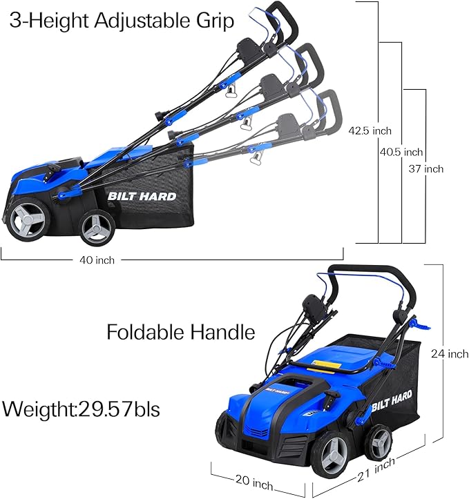 BILT HARD 16 Inch Dethatcher Scarifier Electric Powered, 15 Amp Copper Motor, 5-Position Depth Adjustment, 14.5 gal Thatch Bag, 2 in 1 Walk Behind Thatch Removing Machine for Lawn
