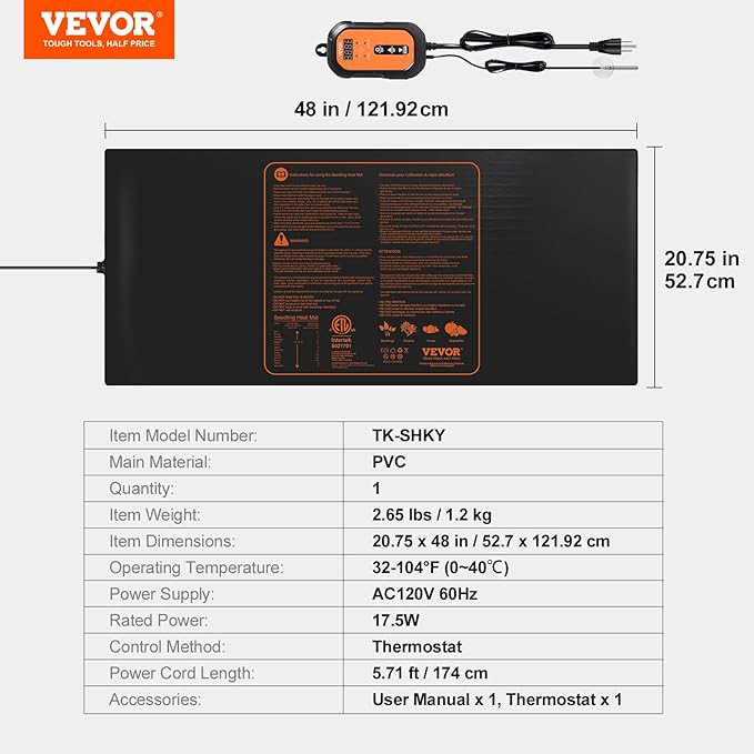 VEVOR 48"x 20.75" Seedling Heat Mat w/Digital Thermostat Combo Set,MET-Listed Heating Pad for Seed Starting, Waterproof Seed Mats for Germination, Indoor Gardening, Hydroponic, Greenhouse, 1 Pack