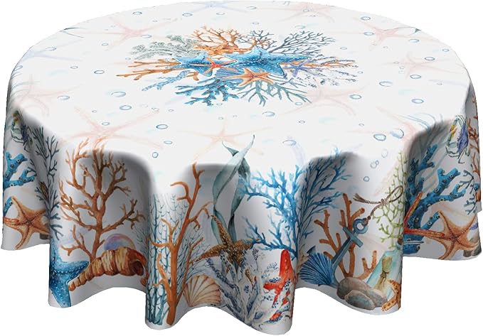 Giwawa Coral Starfishes Round Tablecloth 60 Inch, Nautical Ocean Coastal Animal Undersea Beach Marine Colorful Washable Table Cover for Home Kitchen Dining Party Indoor and Outdoor Decor