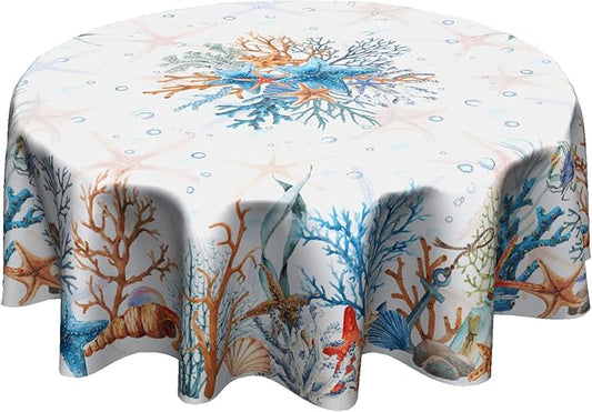 Giwawa Coral Starfishes Round Tablecloth 60 Inch, Nautical Ocean Coastal Animal Undersea Beach Marine Colorful Washable Table Cover for Home Kitchen Dining Party Indoor and Outdoor Decor