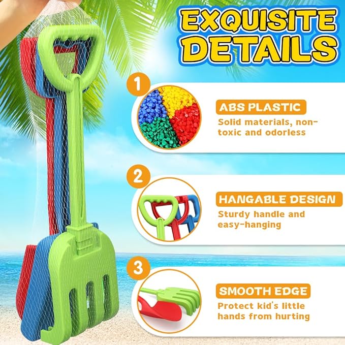 Jumbo Beach Shovels Rake Spade Toys Set for Kids, 16" Long Handle ABS Plastic Sand Scoop, 3 Pack Planting Summer Winter Travel Gift for Mud Sand Snow Digging, Backyard Gardening Tool Accessories