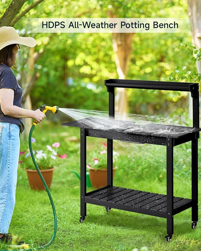 HDPS Outdoor Potting Bench with Sliding Tabletop/ 4 Wheels/Removable Sink, All-Weather Outside Garden Work Table, No Rust/Fade/Break, Potting Station for Porch, Patio & Backyard (Black)