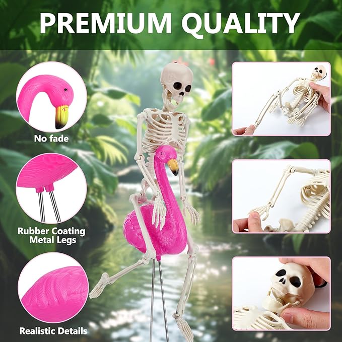 8 Pcs Halloween Skeleton Flamingo Decoration Outdoor Yard Ornament 15.7" Plastic Skeleton Decor with Posable Legs Flamingo Statue Decor for Yard Garden Lawn(Pink,M,Classic)