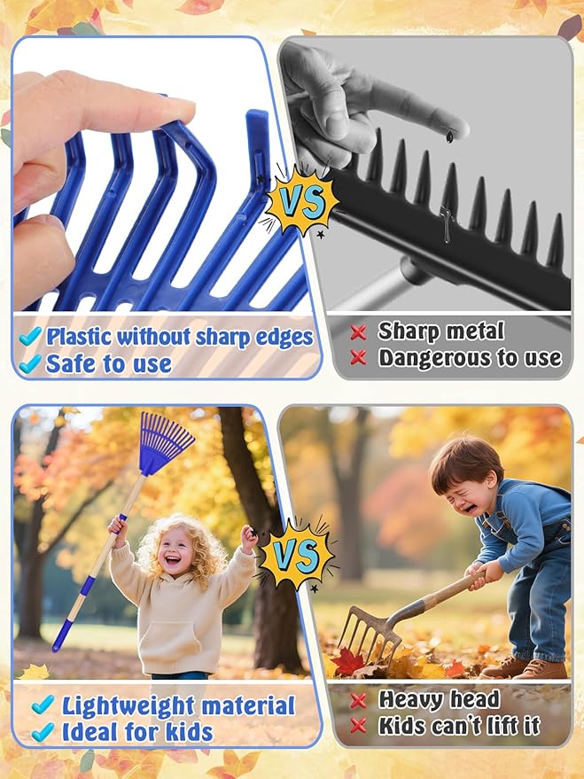 Acostop 2 Pcs Kids Rakes with Wood Handle - 34" Lightweight Plastic Garden Rake for Leaves, Safe to Use Kid Yard Tools for Boys Girls Fall Gardening Gifts (Blue)