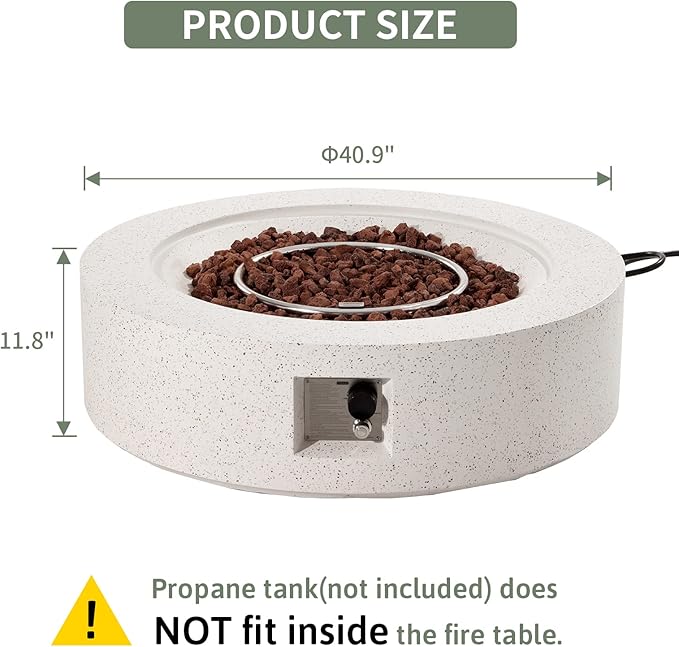 COSIEST 42 inch Outdoor Propane Fire Pit Coffee Table w Concrete Round Base Patio Heater, 50,000 BTU Stainless Steel Burner, Free Lava Rocks, Rain Cover