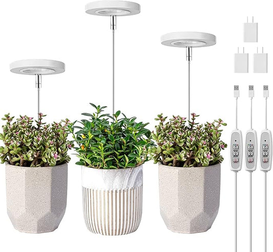 LORDEM Grow Light, Full Spectrum LED Plant Light for Indoor Plants, Height Adjustable Growing Lamp with Auto On/Off Timer 4/8/12H, 4 Dimmable Brightness, Ideal Small Pack of 3, Warm White