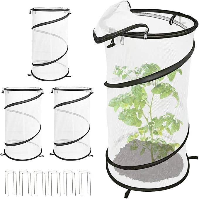 4 Pack Pop Up Plant Covers from Animals, 12"x 24"Round Foldable Insect Barrier Net Garden Plant Protectors with Stakes & Zipper, Bird Protection for Outdoor Vegetables Flowers Fruits Plants