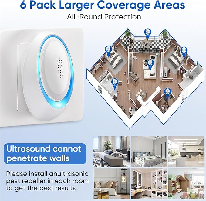 2025 Upgraded Mouse Repellent Indoor, 6 Pack Ultrasonic Pest Repeller, Roach Repellent Plug, Roach Repellent Plug for Roach, Spider, Mouse, Mosquito, Mice, Ant, Bugs Electronic Plug-in Pest Control
