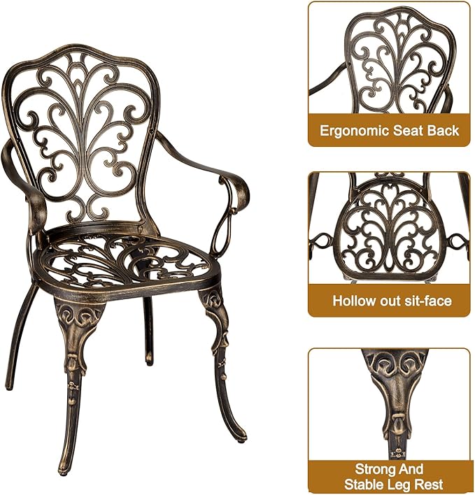 3 Piece Bistro Set, Outdoor Bistro Table and Chairs Set of 2, Rust-Resistant Cast Aluminum All Weather Patio Outdoor Bistro Set with Umbrella Hole for Backyard, Balcony, Front Porch, Brown