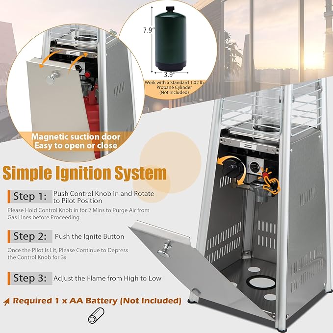 ARLIME Pyramid Patio Heater, Outdoor Propane Patio Heating Machine w/Protective Cover, Dump & Flame-out Protection, 10000 BTU Space Heater for Terrace, Patio, Backyard, Garden (Silver)