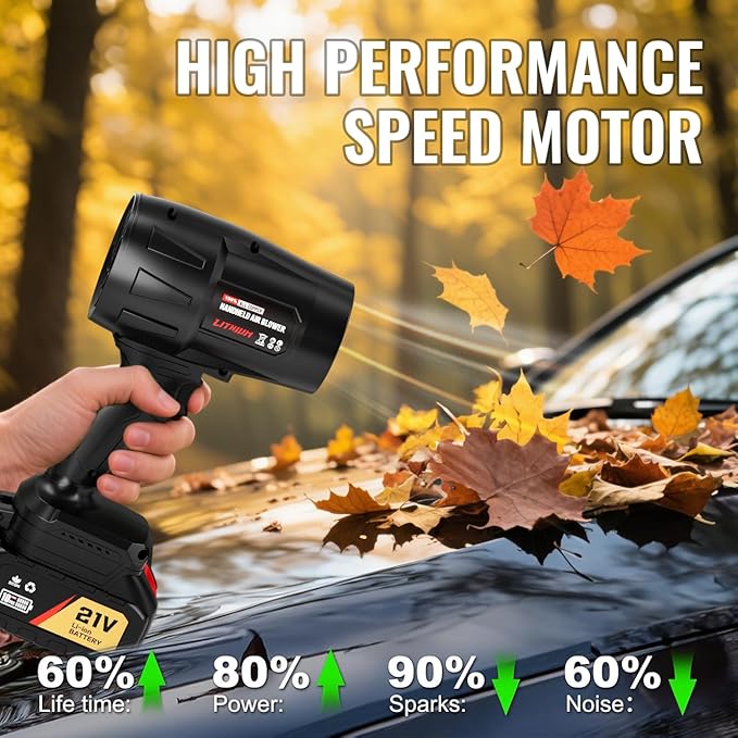 Cordless Leaf Blower Handheld Leaf Blower Adjustable Speed Portable Dust Cleaner Handheld Turbo Jet Blower for Patio Cleaning, Drying,Camping and Dust with 2 Batteries Included, Black