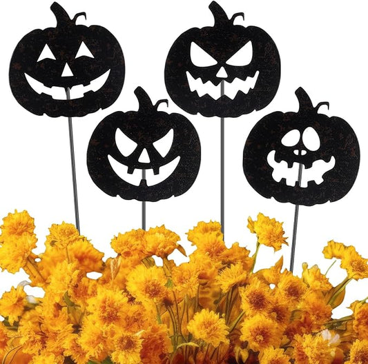 Chunful 4 Pcs Halloween Decorative Garden Stakes Jack O Pumpkin Garden Stakes for Flower Planter Pot Outdoor Metal Yard Sign Day of The Dead Decorations Halloween Patio Lawn Decor