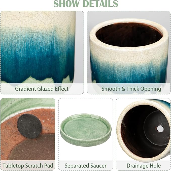 Oairse Ceramic Pot for Plants 5.5 inch Pots for Plants Small Planter Pot with Drainage Hole and Saucers Gradient Dark Teal Outdoor Inoor Flower Pots for Succulent, Cactus, Snake Plant, Herb