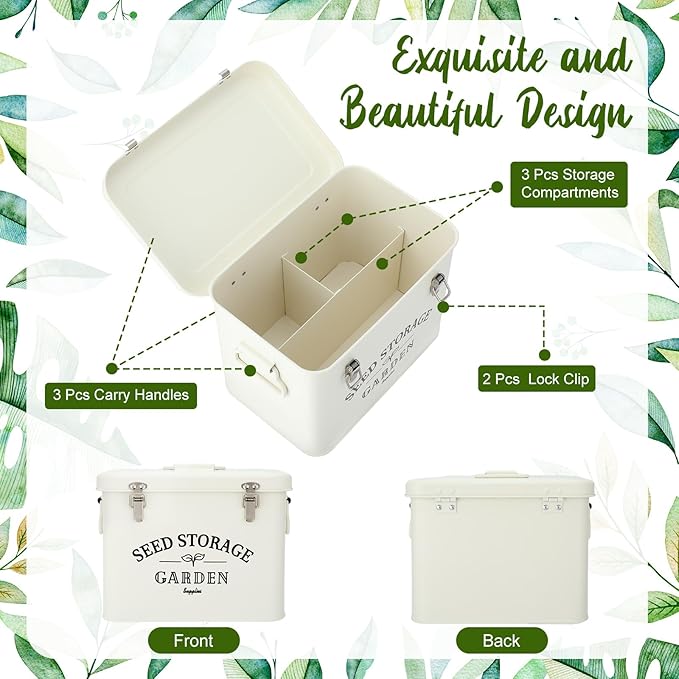 Maitys Seed Storage Container Box with Lid Garden Seed Packet Storage Organizer Decorative with Dividers and 100 Plant Labels 50 Seeding Envelopes 2 Marker Pens(Stylish,8.5 x 5.5 x 6.7)