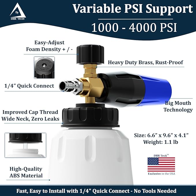 Foam Cannon for Pressure Washer, 1.1mm Orifice, 1000-4000 PSI, 1/4 Inch Quick Connector, Wide Neck and Adjustable Spray, Heavy Duty Car Snow Foam Blaster for Superior Foaming & Deep Clean, Blue