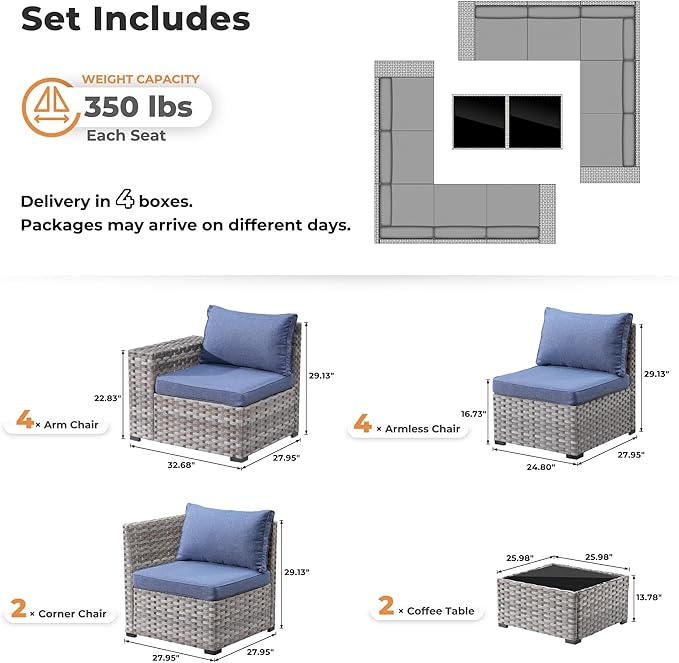 ovios 12 Pieces Patio Furniture Set, Outdoor Wicker Sectional Sofa with Glass Table Comfy Cushions, Modern Modular Deep Seat Couch Rattan Conversation Set, Denim Blue