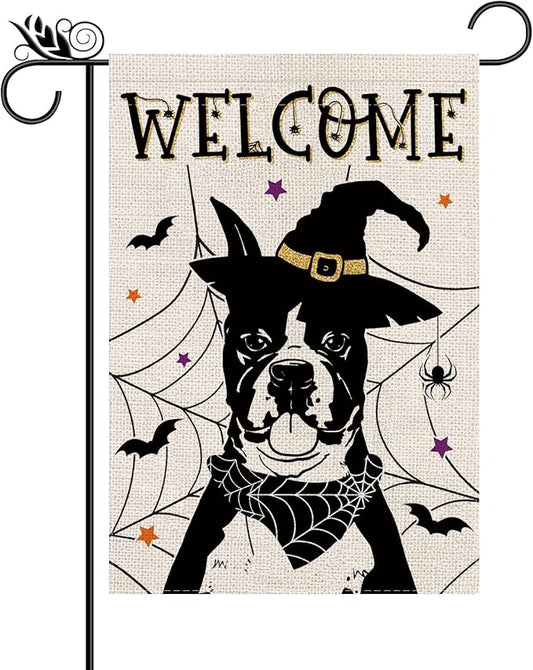 Halloween Garden Flag Boxer Cobweb Bats Double Sided Vertical Welcome Flag Holiday Outdoor Yard Lawn Decorations 12.5 x 18 Inch