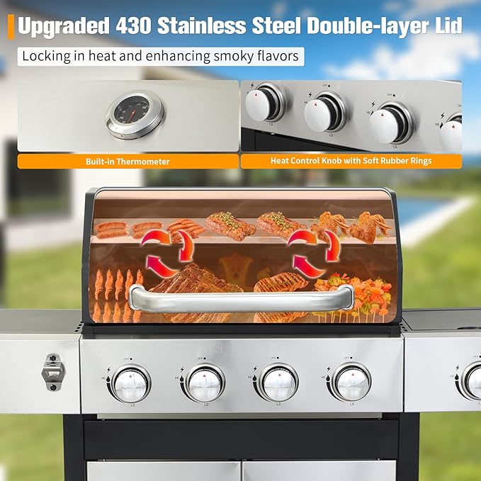 CIG GARDEN 4 Burner Propane Gas Grill with Side Burner,3 in 1 Propane Gas BBQ Grill,Double-layer Stainless Steel BBQ Grill Lid with Cast Iron Grates,52000 BTU Output for Camping, Patio, Backyard
