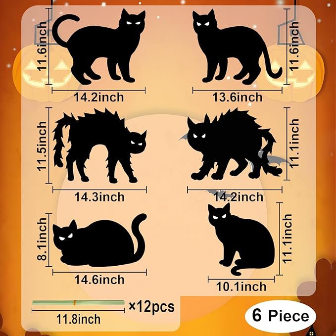 6 Pcs Black Cat Yard Signs with Night-Shining Eyes,Spooky&Scary Decor for Outdoor Lawn Garden Halloween