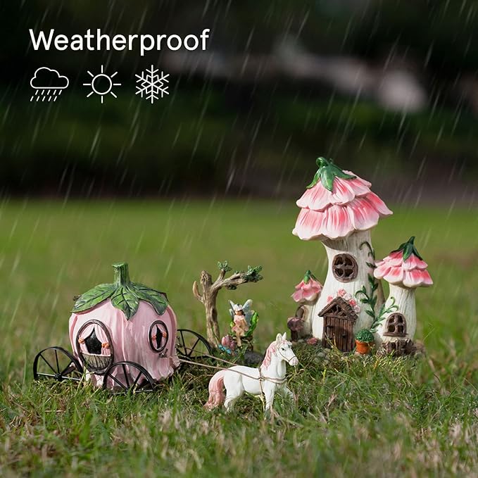 LA Jolie Muse Resin Fairy Garden - Miniature Floral Roof Cottage with Solar LED Lights, Fairy House Figurine Set of 3 with Carriage, Outdoor Decor for Patio Yard Lawn, Gifts for Mom