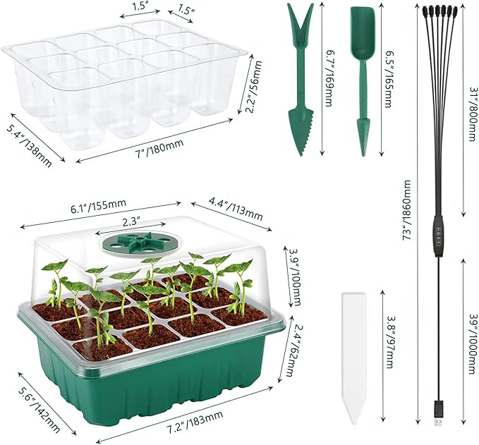 Seedling Starter Tray 6 Packs Seed Starter Tray with Grow Light, Smart Controller Seed Starting Trays Kit with Humidity Dome (72 Cells) Indoor Gardening Plant Germination Trays Green
