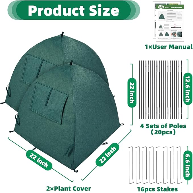 2 Packs Plant Cover Freeze Protection Blanket, 22''x22''x22'' Outdoor Garden Fabric Cover with Poles and Stakes for Winter Frost, Shade Cloth Plant Guard for Shrubs, Small Trees, Green