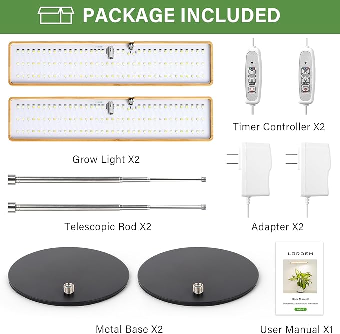 LORDEM Grow Lights for Indoor Plants Full Spectrum, Bamboo Plant Lights for Indoor Growing, Table Top Grow Light with Auto On/Off Timer 4H/8H/12H & 4 Dimmable Brightness & Height Adjustment, 2 Pack